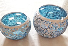 ❀ 1 x Windlicht Maritim Blau / Weiß Glas Perlen Fische Meer Teelichthalter Kugel