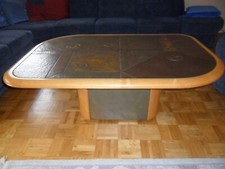 Couchtisch Wohnzimmer Tisch Schiefer Platte + Sockel Holzumrandung Erle Rollen