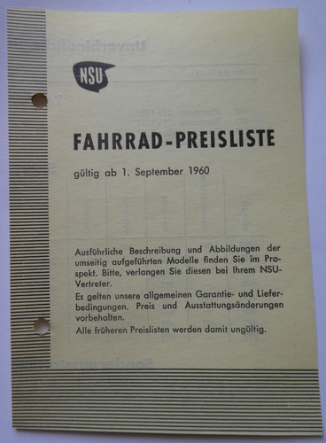 Original nsu preisliste 1960 - nsu,