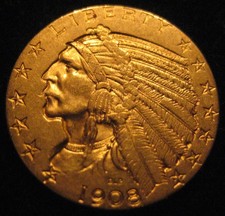 MDS USA FIVE 5 DOLLARS 1908 "INDIAN HEAD", GOLD #5