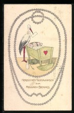 Ansichtskarte Storch mit Brief über der Krippe vom neugeborenen Baby 1912 