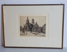 Original Radierung Alexander Eckener Stuttgart Wochenmarkt Stiftskirche 1934