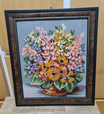 Gobelin Stickbild Bouquet Blumen Stillleben 30,5 cm x 36 cm  mind. 50 Jahre alt