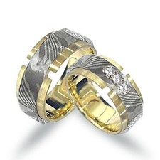 Mokume Gane Trauringe in Gelbgold-, Palladium- und Silber (CEL19MG)