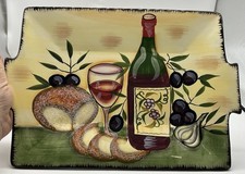 Vintage große mediterrane Servierplatte Oliven Wein Brot 38 cm schwere Keramik