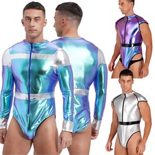 DE Herren Astronaut Kostüm Space Suit Metallic Shiny Contrast Overall Catsuit