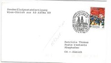 UNO Flugpost Wien - Zürich Ad Astra 17.10.1989 Grossmünster see 2 scans