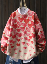 Damen-Pullover mit elegantem roten Herz-Muster - lässiges Langarmshirt, Herbst