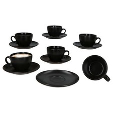 6er Set Panther Kaffeetassen mit Untertassen für 6 Personen schwarz Steingut Tee