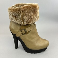 Topshop hellbraun Leder Wildleder Knöchel Plateau Schnalle zum Überziehen klobige Absätze Stiefel UK7