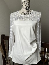 Damen Shirt kaffe Gr. L 40 weiß Netz Punkte durchsichtig Bluse Pullover
