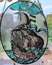 70er Jahre Vintage Glasbild m. Metallkette Segelschiff 28x22cm Fensterbild Boot 