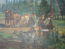 altes Ölgemälde Förster Waldarbeiter Pferde Wald  49 x 40 cm Forsthaus Deko