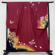 furisode Japanischer Kimono SEIDE "FURISODE" Langarm Dunkelrot Schwarz 3690