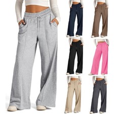 Damen Hoher Taille Weites Bein Freizeithose Sweatpants Jogginghose Baggy HosenDE