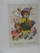 AK Herzl. Ostergrüße 2verm.Hasen,Ostereierblumenk.,Bäumch gel.31.3.69 Großformat