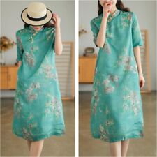 Chinesisch Ethnisch Damen Kleid Leinen Baumwolle Blumen Bambus Bedruckt Qipao