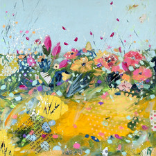 LIZA  LANDBERG "GARDEN PARTY" * ORIGINAL MIXED MEDIA GEMÄLDE GARTEN WIESE BLUMEN