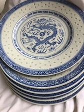 Reiskorn Porzellan, Reisauge, China, Speise Teller , weiß blau , 6 Stück