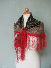 Trachtentuch Kopftuch Brusttuch rot grau Fransen 100% Wolle  74cm x 74cm 