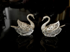 Alte Salieren Schwäne versilbert Glas & Löffelchen