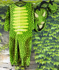 Kinder Dino Kostüm 110-116 mit Mütze & Handschuhen grün Fasching Karneval