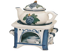 Duftlampe Aromalampe Keramik Herd mit Kessel weiß-blau 17 cm groß