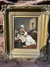 Gemälde Ölbild Öl/ Platte Genre des 19 Jahrhundert „ Mutter mit Tochter „