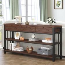 55" rustikaler Nussbaum Sofatisch mit Schubladen & Regalen - Aufbewahrung & Stil