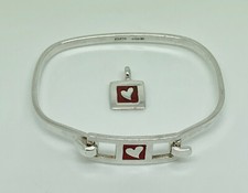 Fusion Vintage Sterlingsilber Emaille Herz Manschette Armband 7" & Anhänger