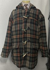 70er 80er Jahre Herren Dufflecoat Mantel Grün Beige Kariert US Vintage 42 Large "