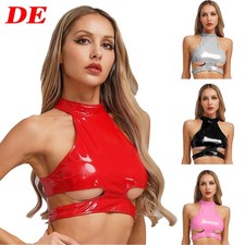 DE Damen Crop Top Neckholder Wetlook BH Weste Tank Shirts Clubwear Lingerie