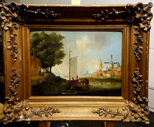 Holländische Flußlandschaft mit Segelboot  Dorfansicht mit Windmühle 19Jh