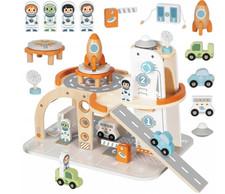 Große Holzparkgarage mit Auto-Rennbahn & Raketenstation 14-tlg