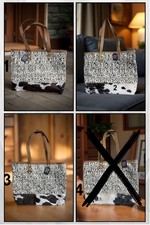 Schultertasche Stempel Kuhfell Leder Shopper Tasche UmhängetascheBaumwolle natur