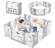 Dripex Laufstall für Kinder aus Kunststoff mit Tür und Spielzeugboard-Grau-Weiß