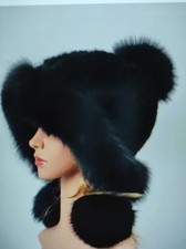 Damen Qualität gestrickte mit Echt Nerz Pelz und Fuchs Mütze 57-59 Groß Schwarz.