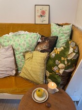 Sofakissen, Vintage & DIY, Blumen & Muster, Grün & Goldtöne, Samt, BW & Leinen