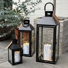 3er Deko Laternen Set Schwarz Gartenlaterne Windlicht Metall Außen H23/39/49cm 