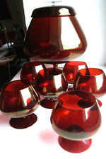 Bowlegefäß, Bowle Topf, 6 Bowlegläser, rubinrotes Glas