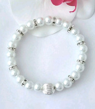 Sylvie's Mallorca Perlen Armband 18 cm weiß silber Strass dehnbar Neu/204A