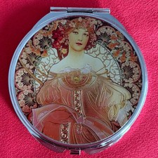 ღ Jugendstil Taschen-Spiegel Alphonse Mucha Makeup Vintage Kompakt Ø 7,3 cm NEU