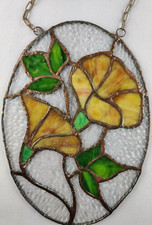 Glasbild orange Blumen, Bleiverglasung mit Kettchen zum Aufhängen