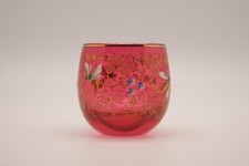 Aufstehglas, Tummler, rosarot, sehr schön bemalt mit Insekten, Blüten - um 1900?
