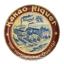 Antike Reklameschale Riquet Blech farbig lithografiert Fabrikdarstellung Elefant