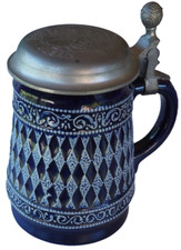 Sammelkrug Bierkrug Keramik Bayern Raute blau Zinndeckel Gravur 0,5 l MR #748iS