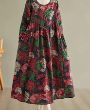 ❣️ Cottage Landhaus Maxi Kleid Taschen Leinen 40 L 42 XL  Rosen rot grün