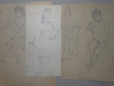 Weibliche Körperstudien - Frauen Körperhaltung - 4 Zeichnungen Bleistift - 1960