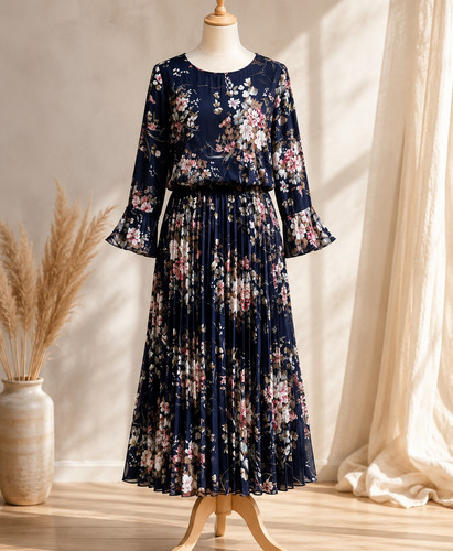 Damen midikleid blau blumen - damen,