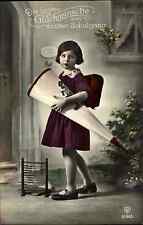 Gratulation ~1929 Schulgang Schule Einschulung Mädchen Schultüte Rechenschieber